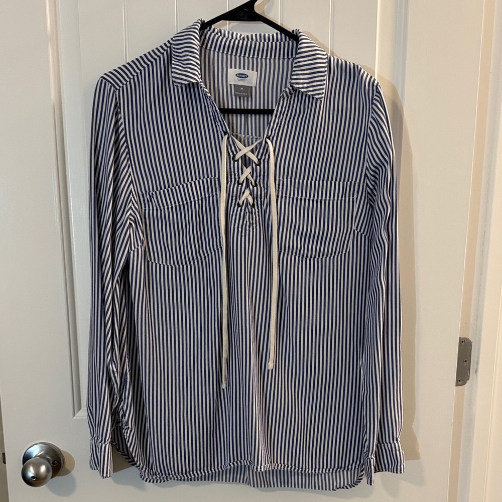 Old Navy Navy and White Lace-Up Top